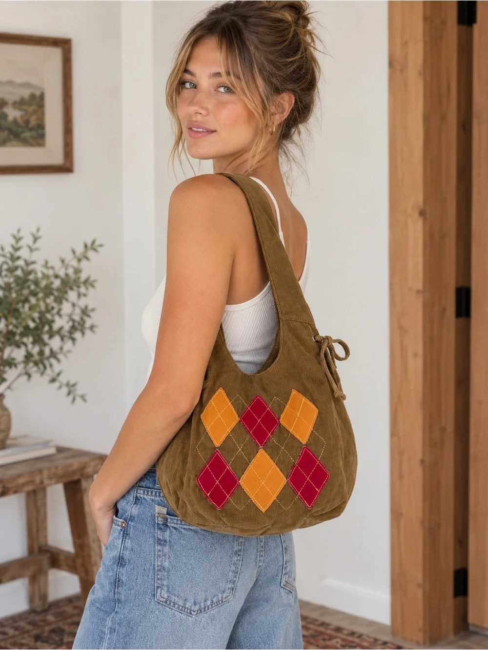Y2K Corduroy Argyle Shoulder Bag Brown Boho Hobo Purse Academia Preppy